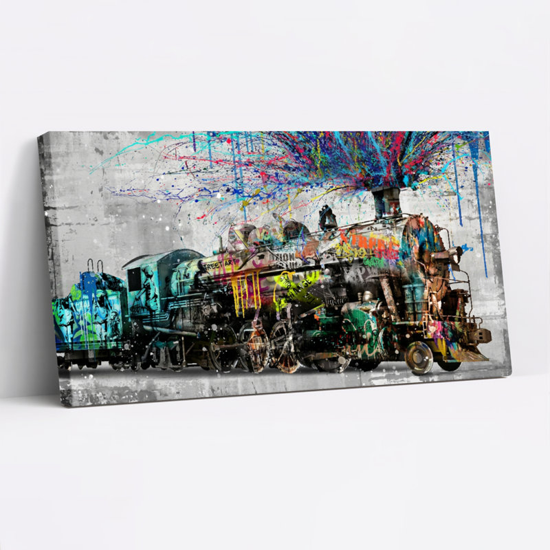 Ensemble de 1 tableau sur toile imprimée représentant un train au style graffiti coloré, H 12 po x l 36 po