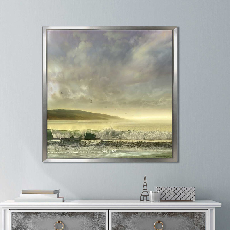 «Soft Horizon», reproduction de peinture acrylique sur toile, H 27,5 po x l 27,5 po x P 2 po, Cadre flottant argent