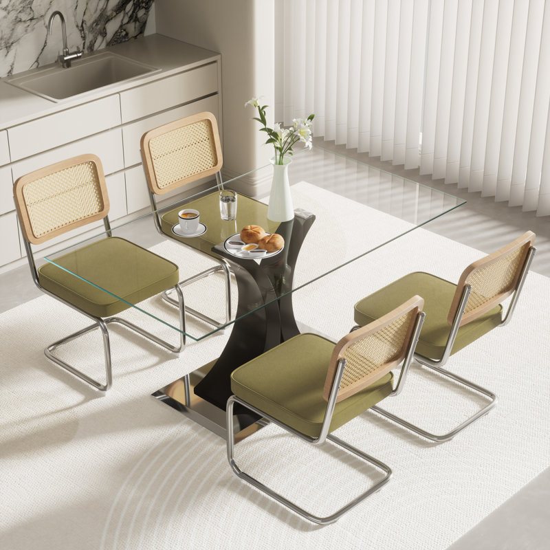 Ensemble de salle à manger rectangulaire, Noir, Vert olive, 5 pièces: table, 4 chaises