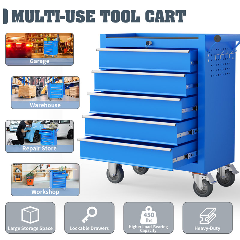 Heavy-duty Tool Cart & Worktable With 5 Drawers, Locking Casters, And Non-slip Mat, Blue