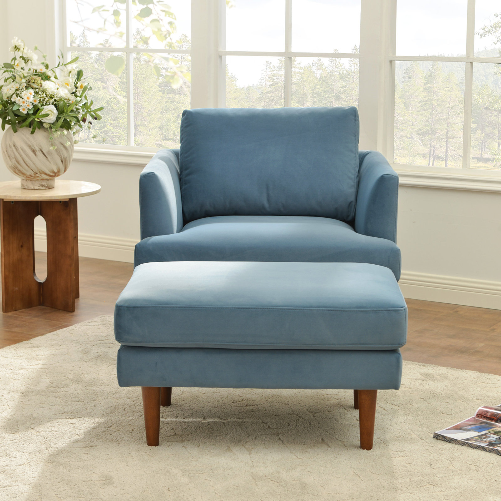 Miller 35'' W Upholstered Armchair With Ottoman, Blue Velvet
