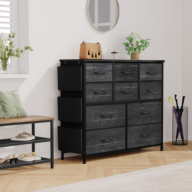 Industrial Storage Chest of 10 Drawers, Fabric Drawer Organizer with Side Pockets & Hooks, Metal Frame Storage Unit for Bedroom Living Room