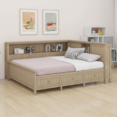 Structure de lit de jour double en bois avec tablettes de rangement et 3 tiroirs
