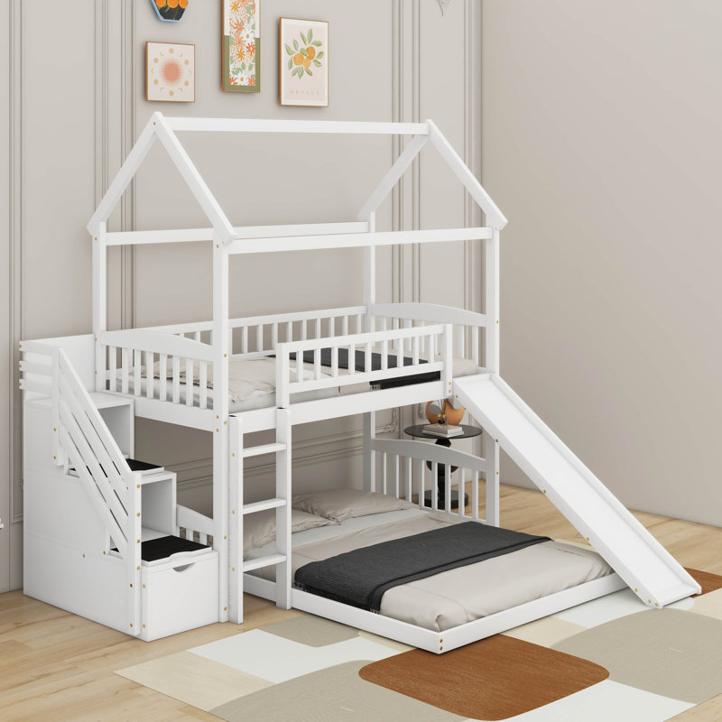 Twin Over Full Bunk Bed With Slide, White