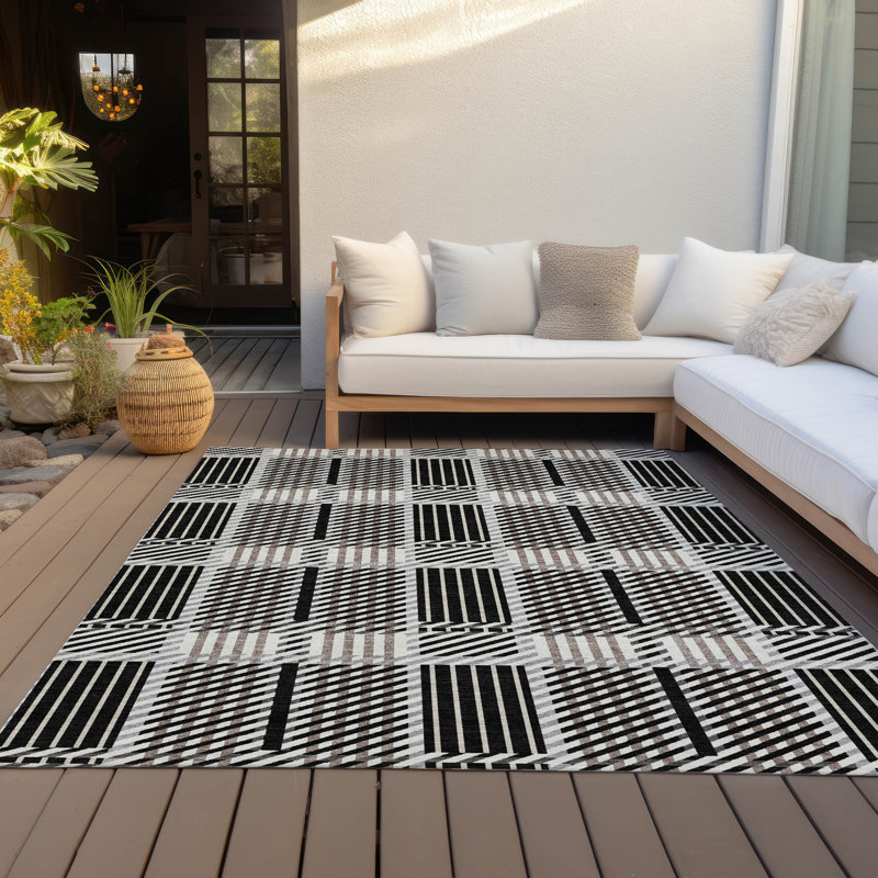 Black and White Plaid Synthetic Washable Area Rug