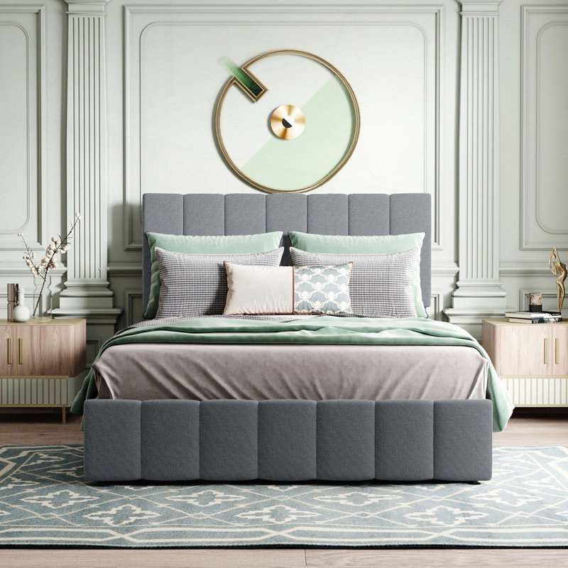 Upholstered Platform bed with a Hydraulic Storage System, Grey, Full