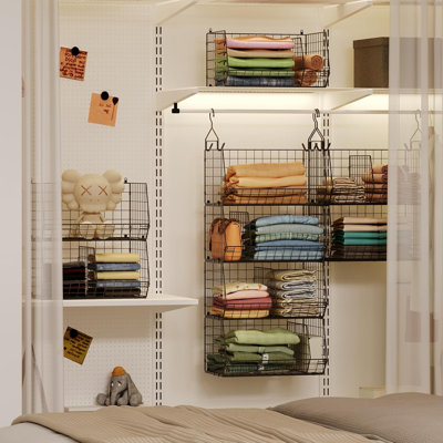 Organisateur de garde-robe à 4 niveaux avec séparateurs, très grande tablette de rangement avec 5 crochets en S, 4 séparateurs, organisateur de vêtements à suspendre en fil métallique - noir