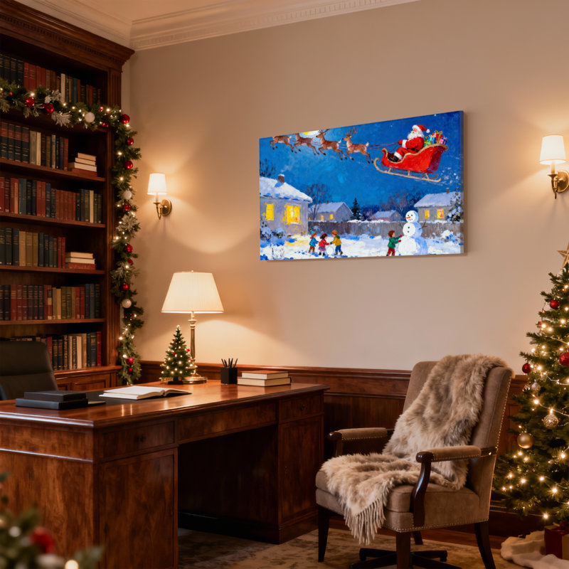 Père Noël de Noël survolant la ville enneigée avec renne, ensemble de 3 impressions sur toile, H 20 po x l 30 po