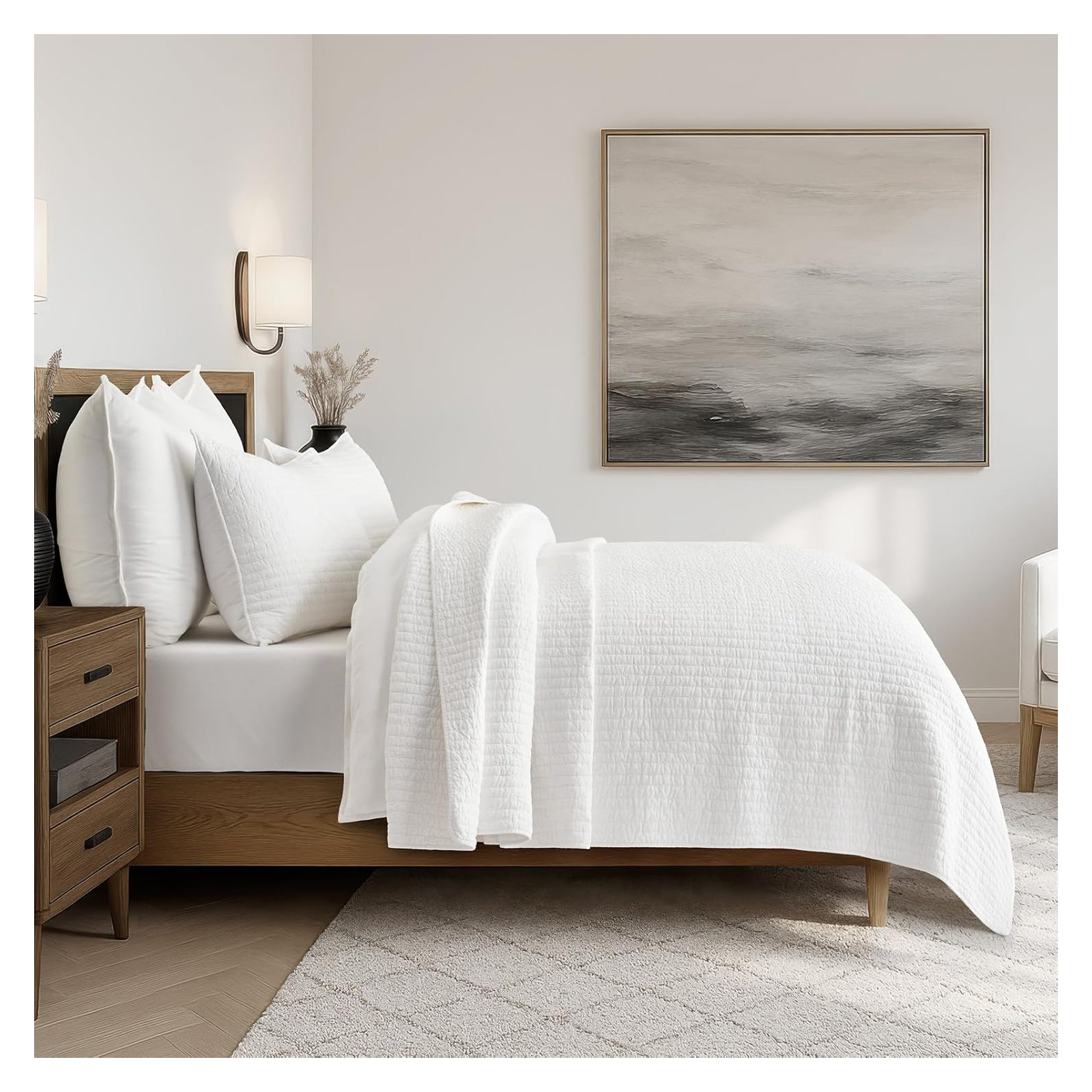 Cross Stitch Cotton Quilt set, Bright White, Oversized CalKing Quilt+2Oversized Cal King Shams