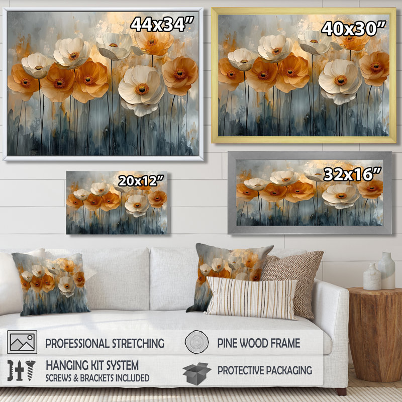 Lueur dorée de fleurs de renoncule champ I - Renoncule, art mural, H 28 po x l 60 po, Cadre flottant doré