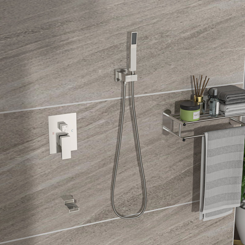 Shower System With Waterfall Tub Spout - 12 Inch Ceiling Mount Square Brushed Nickel 3 Function, Rainfall & Handheld Valve Quick And Simple Installation Cleanliness Speedy Clean