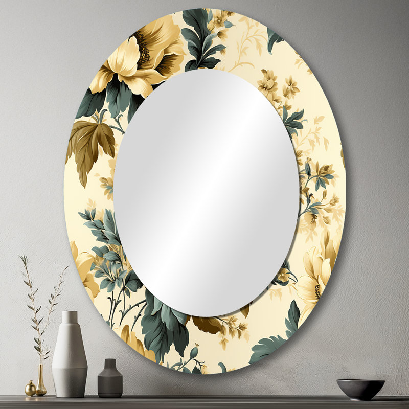 Vintage Farmhouse Peonies Damask - Traditional Oval Wall Mirror, 43" H x 33" W