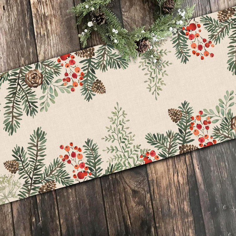 Winter Pine Cone Needle Branch Berry Table Runner, Watercolor Botanical Tabletop Scarf Home Kitchen Plant Decor, Seasonal Farmhouse Holiday Rustic Burlap Dining Decorations Party Supply