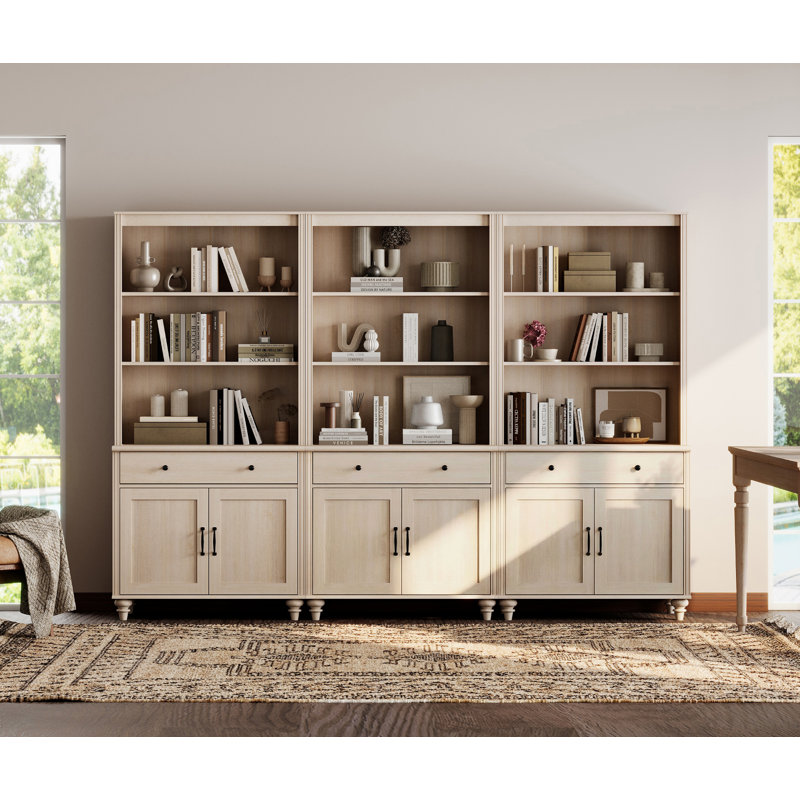72.1"H X 101.6"W 3-Tier Bookcase With Doors & Drawer, Set Of 3 Bookcases Farmhouse Bookshelves For Living Room Bedroom Home Office Kitchen, Beige