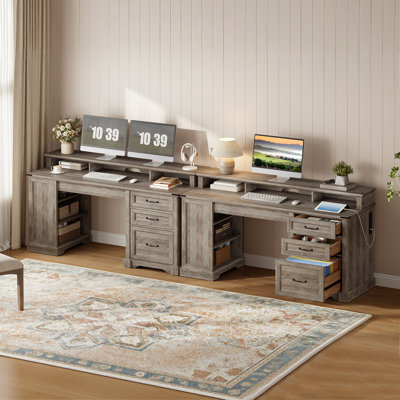 Glasco 55.1" Farmhouse Executive Desk with Drawers, Computer Desk with File Cabinet and Side Bookshelf