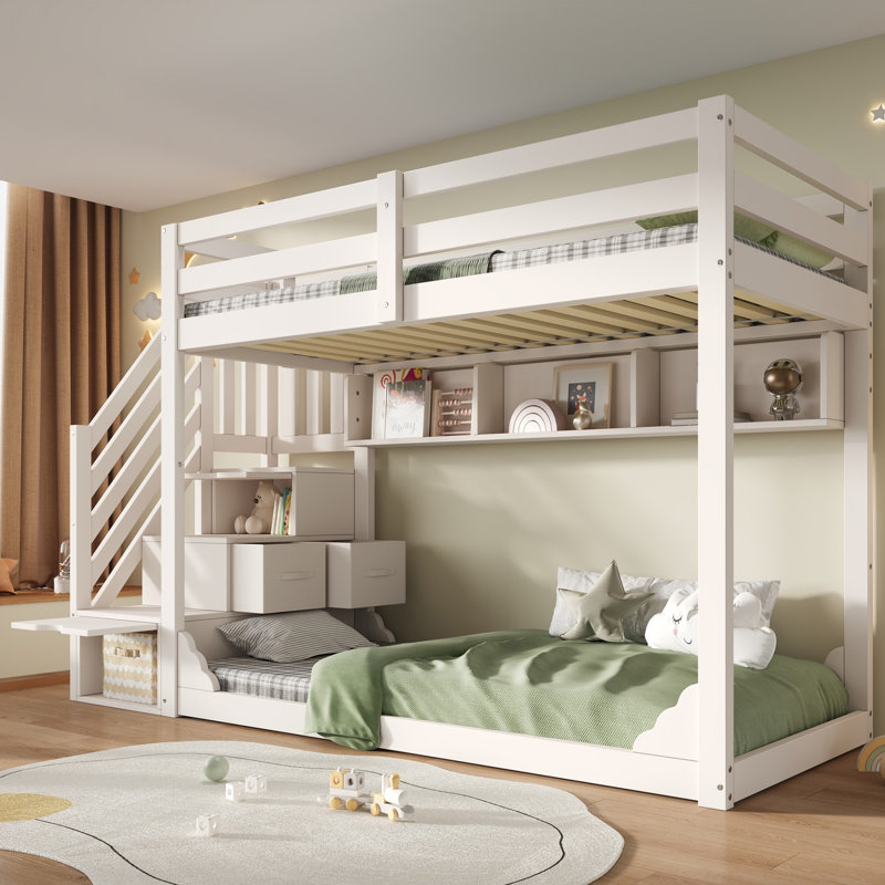 Solid Wood Bunk Bed Frame (90+90)x190 cm, Staircase Storage & 3 Open Shelves, Wraparound Safety Rail, EN 747-1: 2024 Tested, White (No Mattress)