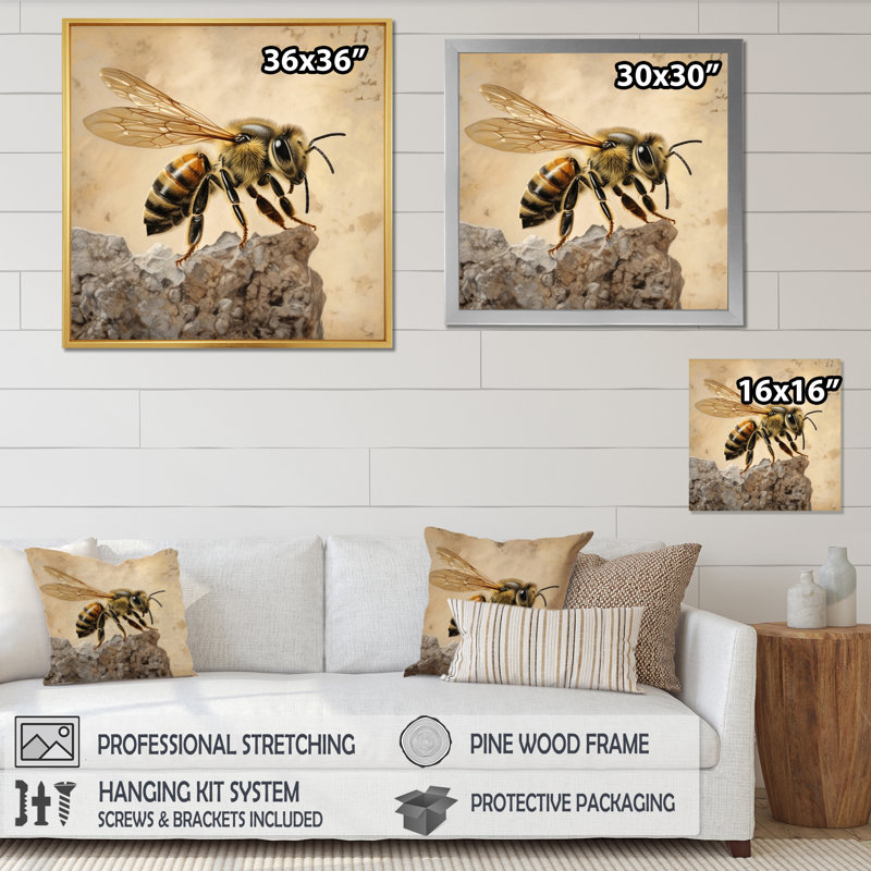 Floral Bee II - décoration murale toile sur toile, H 24 po x l 24 po x P 1 po, Cadre flottant doré