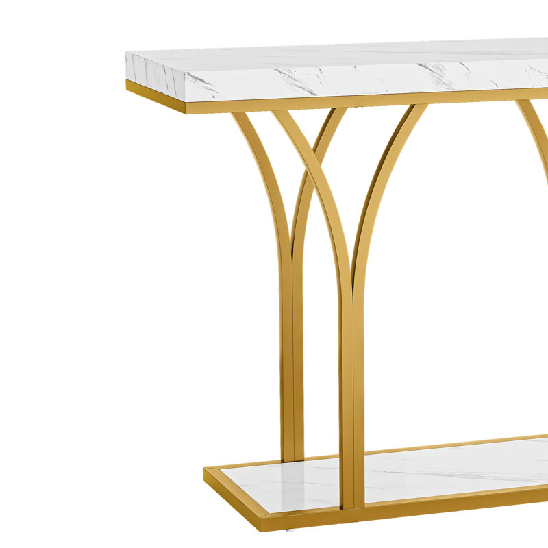 Modern Faux Marble Console Table with Gold Metal Frame, Narrow Entryway Sofa Table with Bottom Shelf, White Marble