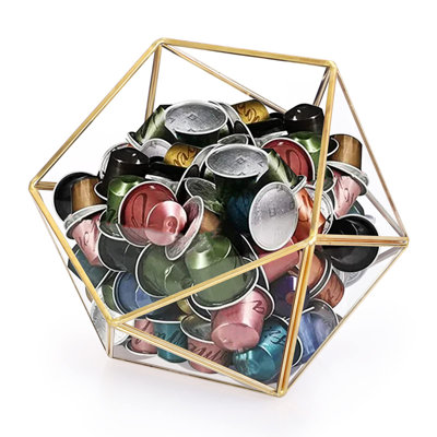 Gold Glass Coffee Pods Holder, 15 Sided Geometric Box Coffee Pod Organizer For K Cup Espresso, Tea Bags Sugar Packets Coffee Capsule Storage Holder For Kitchen Coffee Bar Office Desktop Counter