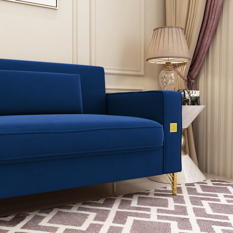 Deondry 85.63" Velvet Square Arm Sofa, Blue Velvet