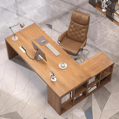 Brown L-Shaped Solid Wood desks