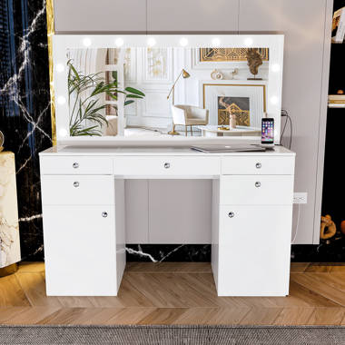 Latitude Run® Jamaiyah Large Vanity Desk with Storage Shelves, 5 Drawers,  Glass Cabinet