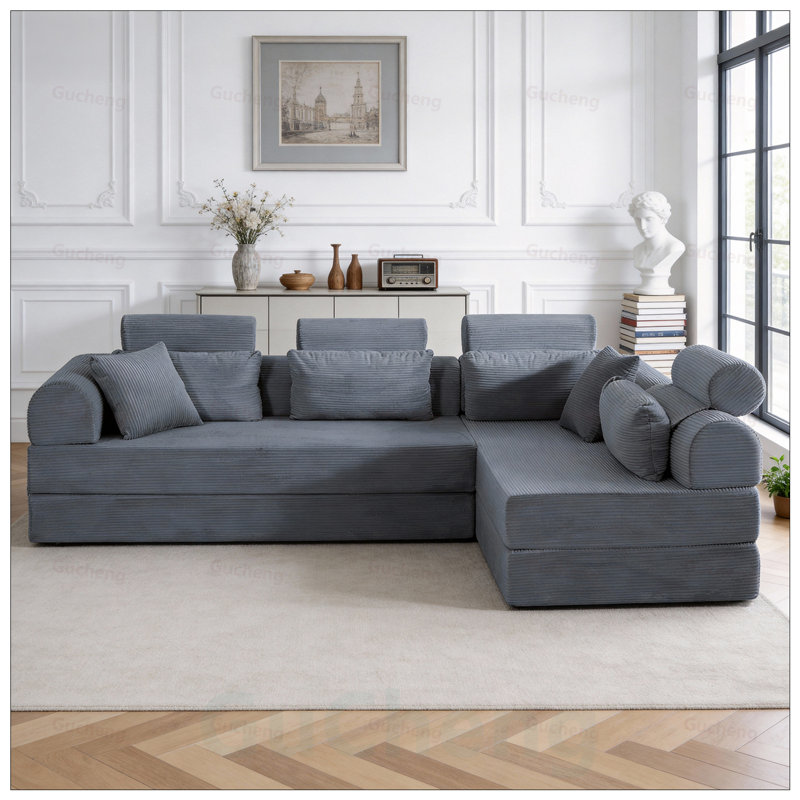 Canapé modulaire en forme de L, canapé modulaire compressé en velours côtelé de style minimaliste moderne, se déplie en un lit, conception peu encombrante