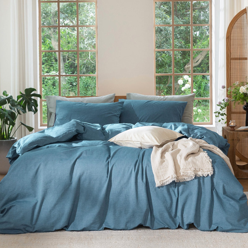 Ensemble de housse de couette 100% coton délavé MooMee, Housse de couette surdimensionnée pour très gran, Bleu paon