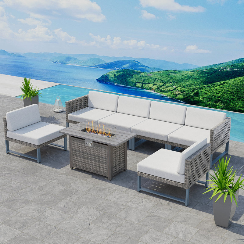 Kamyla Wicker 6 - Person Modular Patio Conversation Sets with Cushions, Brown