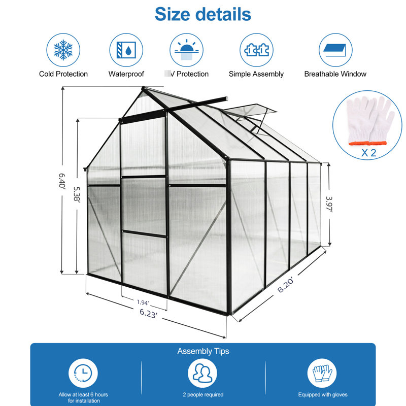 All Season Greenhouse With Frame And Sliding Door 99.49 In. Wide Walk-In For Ample Planting Space, 6.4' H x 6.2' W x 8.2' D