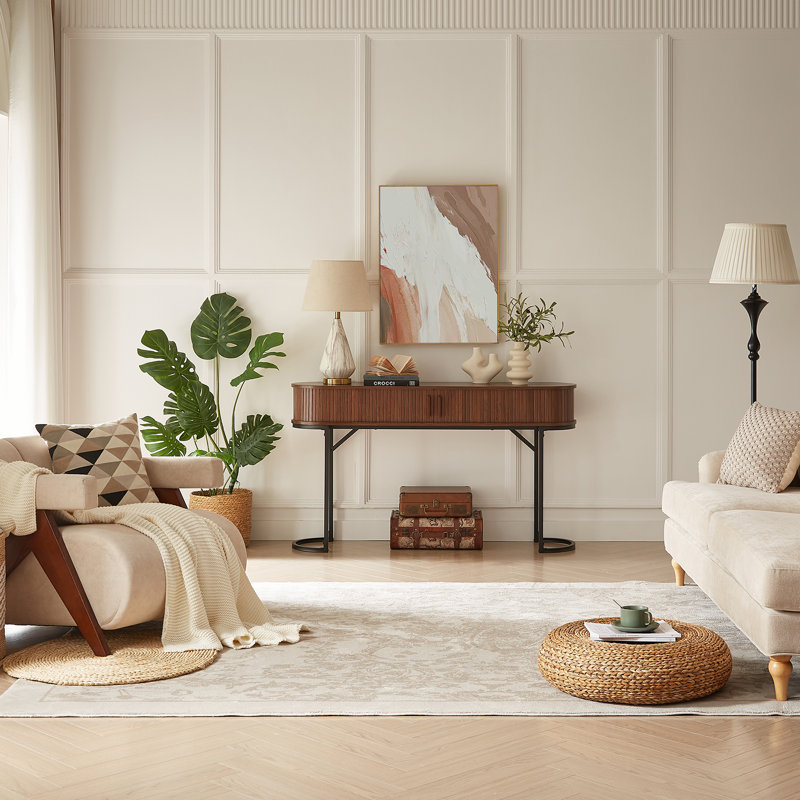 Console de 55,1 po avec portes tambour et base en métal pour le couloir et le salon, Noyer