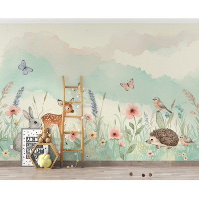Papier peint animaux avec aquarelle et prairie - Murale pastel de fleurs sauvages avec lapin, fauve et papillons | Décoration de chambre d'enfant pour chambre d'enfant printemps (pelez et collez) 165DRE