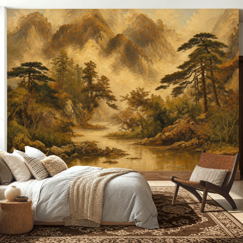 Peel and Stick Wallpaper 100" L x 144" W Modern Self Adhesive Wall Mural for Bedroom - With Misty Mountain Landscape Pine Trees River Warm Tones Print