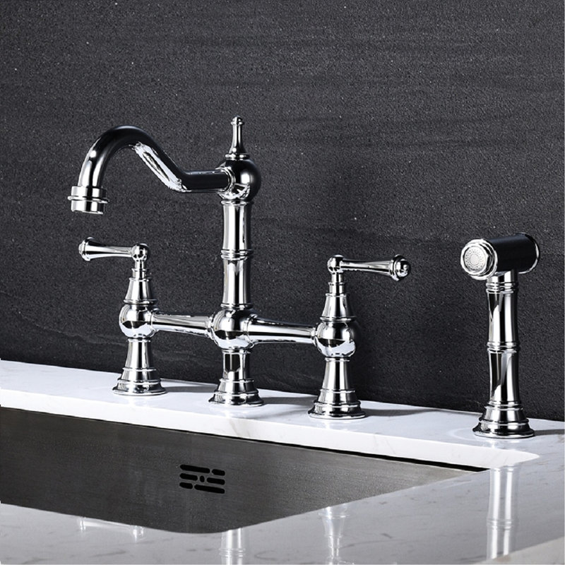 Bridge Kitchen Faucet, Dual Handles With Pull-Out Side Spray, Brass Fabricated, 360 Degree Rotating Nozzle Incorporation, Rust Coating, Corrosion Proof Construction, Leak- Concentration Faucet Two