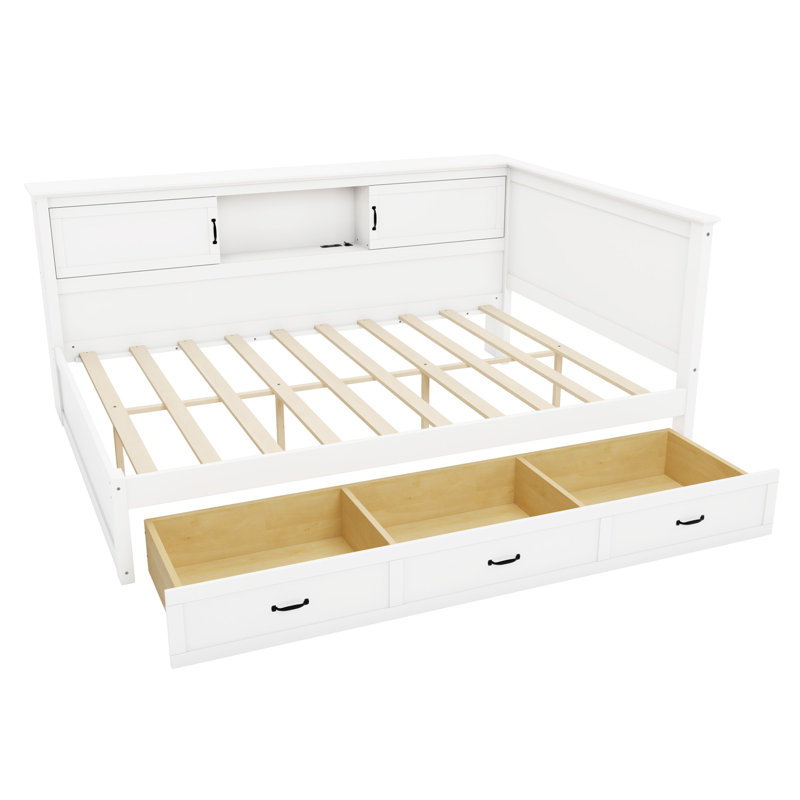 Cadre de lit en L avec tiroir et bibliothèque, lit d'angle en bois avec éclairage à DEL et port USB, lit plateforme, cadre de lit 
