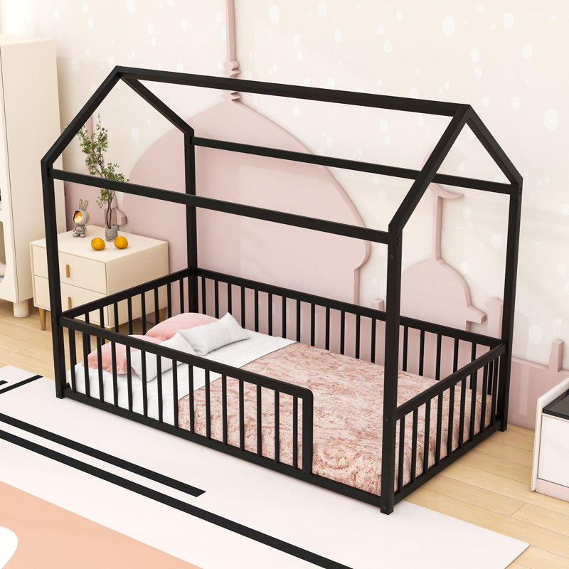 Metal Floor Bed With Safety Fence, Twin, Black