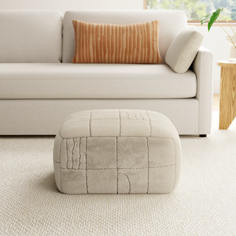 Tuberose Upholstered Wool Ottoman, Beige Wool/Polyester Blend