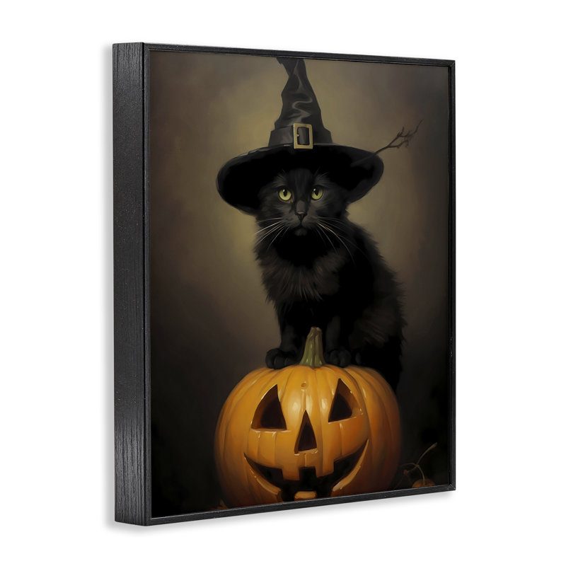 Giclée encadrée de chat noir sur citrouille, design par LSR Design Studio, H 14 po x l 11 po, Giclée encadrée noir minuit
