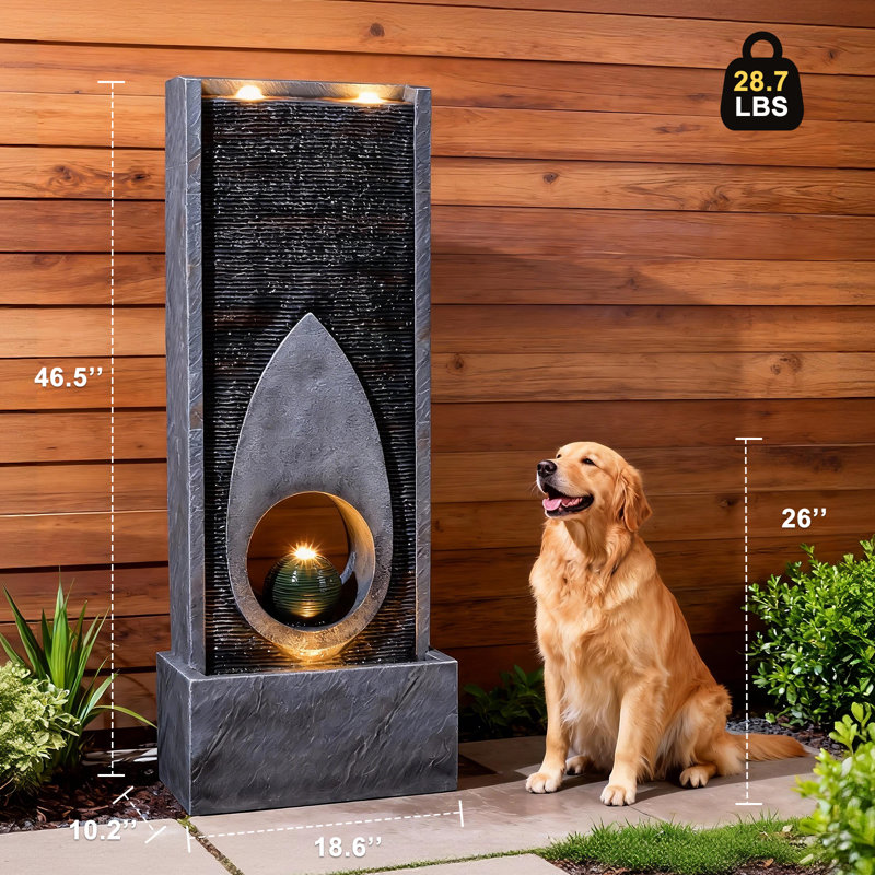 46.5" H Large Modern Indoor Water Fountains - Modern Rectangular With Sphere - Waterfall Fountain For Indoor Or Outdoor With Led Lights And Pump For Deck, Patio, Porch, Garden, Yard Decor