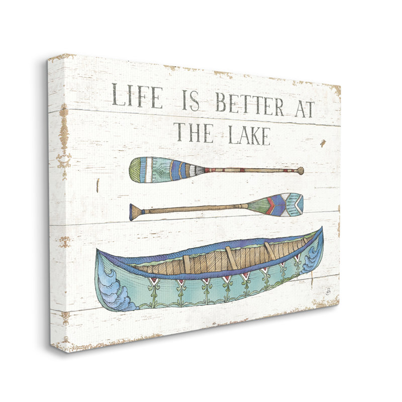" Life Better At Lake Rustic Canoe Ores Grain Pattern " by Daphne Brissonnet, Wrapped Canvas, 16" H x 20" W x 1.5" D