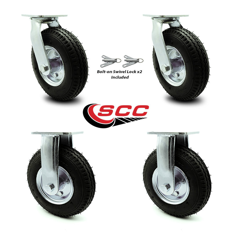 8 Inch  Pneumatic Wheel Caster Set 2 Swivel with Swivel Locks and 2 Rigid/SCC-100S280-PNB-BSL-2-R-2