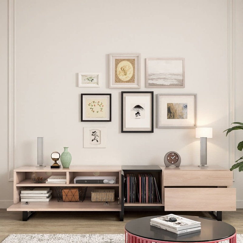 Meuble télé 71 po pour téléviseur de 80 po, portes rabattables, tablette réglable, trous pour câbles, finition bois, Beige