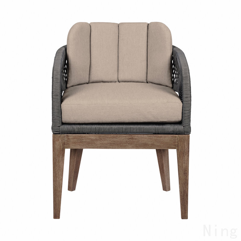 Chaise de patio d'extérieur en bois d'eucalyptus vieilli avec corde grise et coussins en oléfine taupe