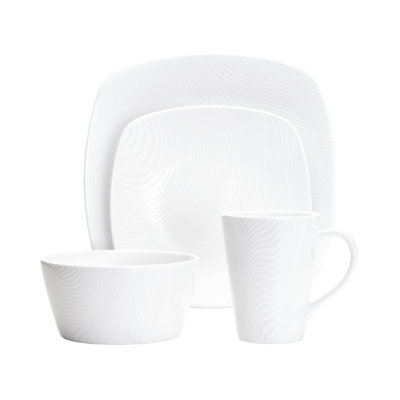 Square white porcelain dinner plate, salad plate, bowl and mug