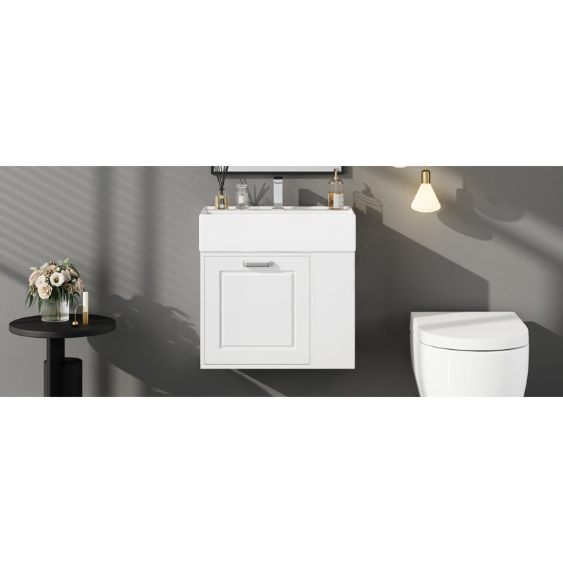 Meuble-lavabo mural de 21,8 po avec lavabo en céramique, tiroir à fermeture en douceur, tablettes réglables et porte-papier hygiénique, blanc, design minimaliste, accès facile à la plomberie, assemblage par paquet