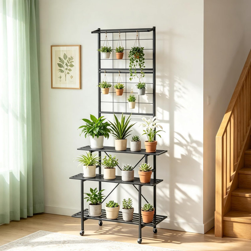 Étagère à plantes suspendue robuste à 3 niveaux en métal avec roulettes verrouillables, support autoportant pour intérieur/extérieur