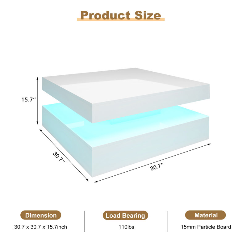 Table basse DEL avec rangement Moderne avec lumières DEL réglables, Blanc lustré, H 15,7 po x L 30,7 po x l 30,7 po