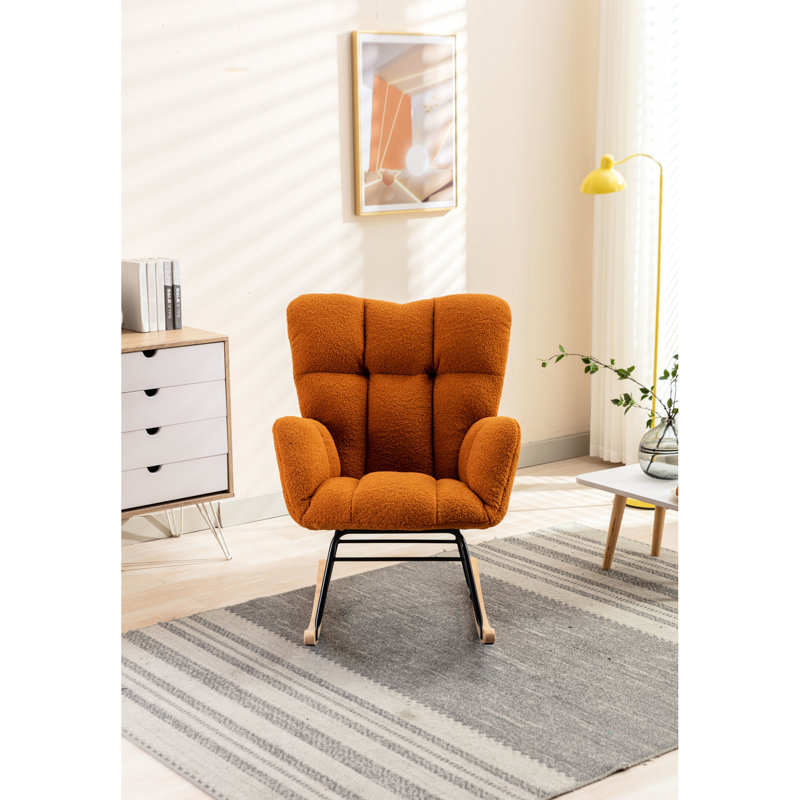 Fauteuil oscillant solide avec tissu, rembourrage en mousse, structure en bois d'eucalyptus et base en métal noir pour le salon de la chambre à coucher intérieure, dossier, capacité de 250 lb, pépinière moderne à assemblage rapide