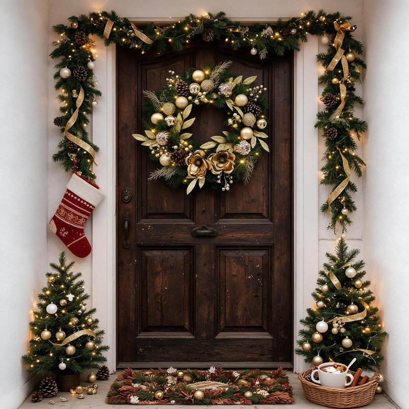Couronne de Noël artificielle 24 po Aplition avec fleurs de magnolia doré champagne