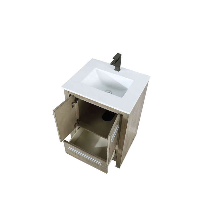 Meuble-lavabo rustique en acacia 24 po X P 20 po D, dessus en quartz blanc et robinet en métal